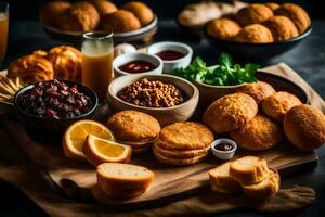 uma mesa com pão, biscoitos, e de outros Comida. gerado por IA foto