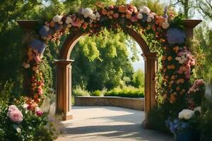 uma Casamento arco com flores e vegetação. gerado por IA foto