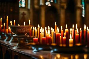 muitos velas estão aceso dentro uma igreja. gerado por IA foto