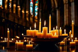 velas dentro uma Igreja com manchado vidro janelas. gerado por IA foto