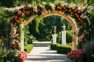 uma Casamento arco decorado com flores gerado por IA foto