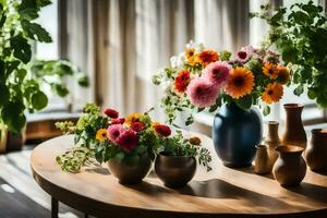 uma mesa com vasos do flores em isto. gerado por IA foto