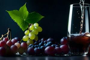 uvas e vinho em uma Preto fundo. gerado por IA foto