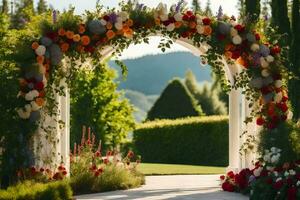 a arco com flores e vegetação. gerado por IA foto