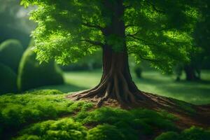 uma árvore com raízes em topo do uma verde campo. gerado por IA foto