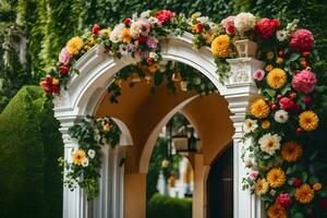 uma colorida arco decorado com flores gerado por IA foto