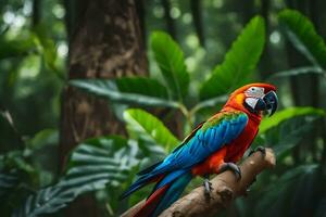 uma colorida papagaio sentado em uma ramo dentro a selva. gerado por IA foto