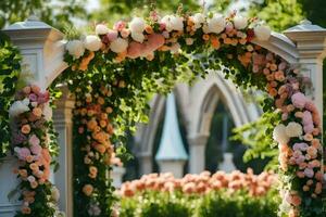 uma Casamento arco decorado com flores gerado por IA foto