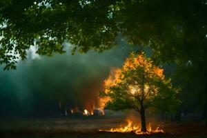 uma árvore é queimando dentro a meio do uma campo. gerado por IA foto