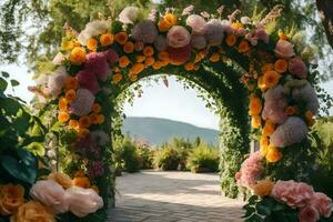 uma Casamento arco fez do flores dentro a jardim. gerado por IA foto