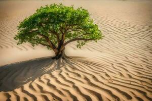 uma solitário árvore dentro a deserto. gerado por IA foto