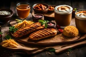 grelhado frango, fritas e café em uma de madeira mesa. gerado por IA foto