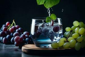 água com uvas e uvas em uma de madeira mesa. gerado por IA foto