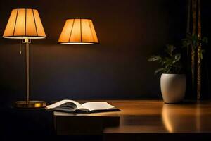 uma luminária e livro em uma escrivaninha. gerado por IA foto