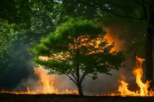 uma árvore é queimando dentro a floresta. gerado por IA foto