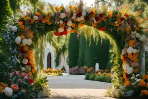 uma Casamento arco fez do flores gerado por IA foto