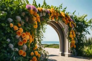 uma Casamento arco com laranja e amarelo flores gerado por IA foto