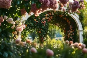 uma jardim arco com Rosa flores e verde folhagem. gerado por IA foto