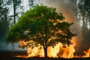 uma árvore é queimando dentro a floresta. gerado por IA foto