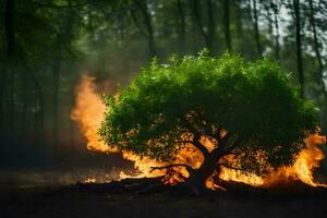 uma árvore é queimando dentro a floresta. gerado por IA foto