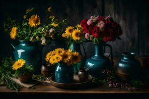 ainda vida com flores dentro azul vasos. gerado por IA foto