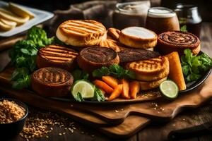 uma prato do Comida em uma de madeira mesa. gerado por IA foto