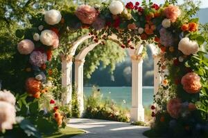 uma Casamento arco com flores e vegetação. gerado por IA foto