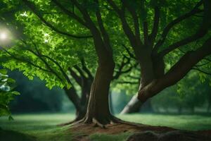 uma árvore dentro a meio do uma verde campo. gerado por IA foto