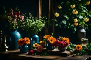 flores dentro azul vasos em uma mesa. gerado por IA foto