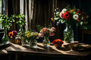 flores dentro vasos em uma mesa. gerado por IA foto