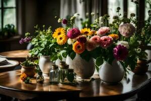 flores dentro vasos em uma mesa. gerado por IA foto