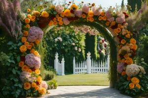 a arco com flores e vegetação. gerado por IA foto