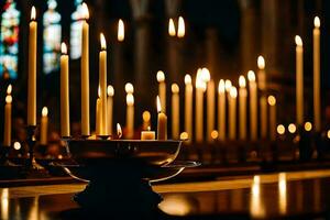 velas estão aceso dentro uma Igreja com uma vela dentro a meio. gerado por IA foto