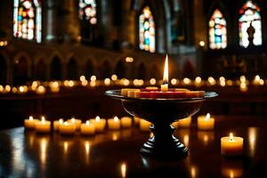 velas estão aceso dentro uma Igreja com velas. gerado por IA foto