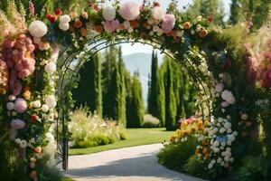 uma lindo arco com flores e vegetação. gerado por IA foto