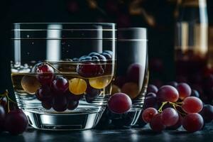 dois óculos do vinho com uvas em a mesa. gerado por IA foto