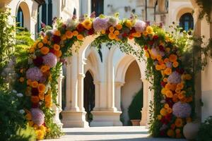 uma colorida arco decorado com flores dentro frente do uma prédio. gerado por IA foto