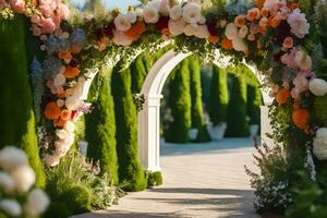 uma Casamento arco com flores e vegetação. gerado por IA foto