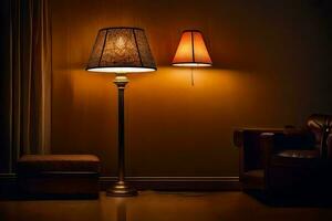 uma luminária e uma cadeira dentro uma Sombrio sala. gerado por IA foto