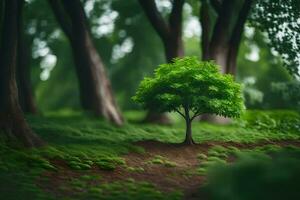 uma pequeno árvore é em pé dentro a meio do uma floresta. gerado por IA foto