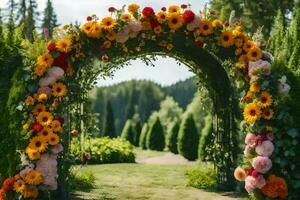 a arco com flores e vegetação. gerado por IA foto