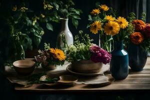 flores dentro vasos em uma mesa. gerado por IA foto