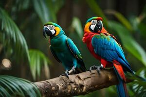 dois colorida papagaios sentado em uma ramo dentro a selva. gerado por IA foto