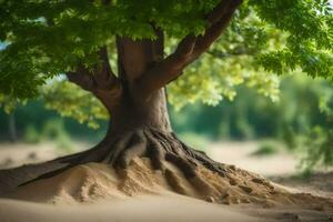 uma árvore com raízes crescendo Fora do a areia. gerado por IA foto