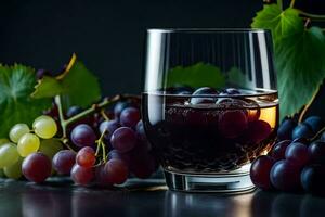 uma vidro do vinho com uvas em uma Sombrio fundo. gerado por IA foto