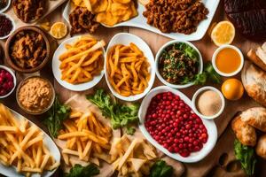 uma mesa com muitos diferente alimentos Incluindo salgadinhos, fritas, e de outros alimentos. gerado por IA foto