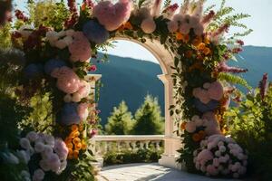 uma Casamento arco decorado com flores dentro a montanhas. gerado por IA foto