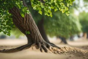 uma árvore com raízes crescendo Fora do a areia. gerado por IA foto