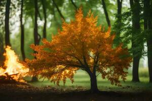uma árvore com laranja folhas dentro a floresta. gerado por IA foto