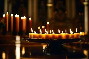 velas dentro uma Igreja com velas aceso dentro a fundo. gerado por IA foto